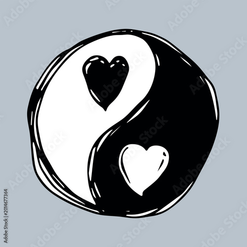 Konstfotografi Hand drawn yin yang symbol with hearts Zen and Tao Harmony and balance Black and