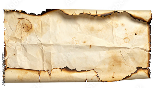Burned, crumpled parchment paper, stained and torn, tan & brown hues