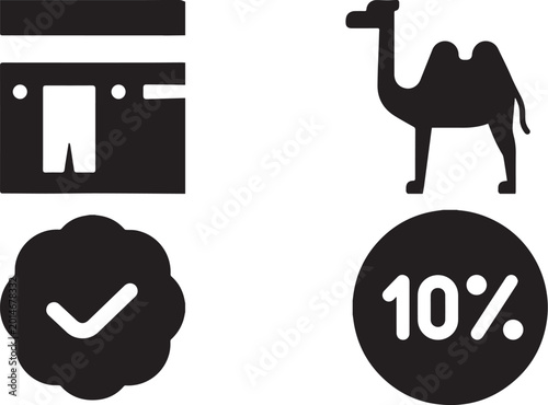 Tableau sur toile Islamic culture and travel icons set, Kaaba silhouette and camel vector, ten per
