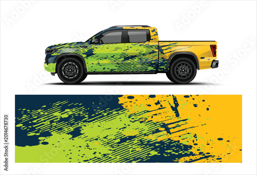 Tableau sur toile Yellow Green Pickup Truck Wrap Livery with Aggressive Offroad Decal