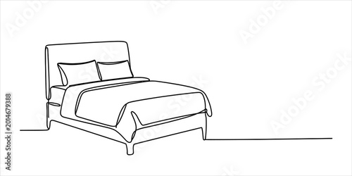 Continuous single line drawing of a comfortable double bed with two soft pillows and a blanket for modern bedroom furniture design concept art Vector, illustration