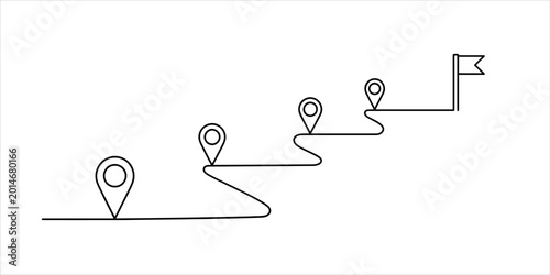 Continuous line drawing of a path with location pins and a destination flag representing a journey progress or roadmap for business planning success Vector, illustration