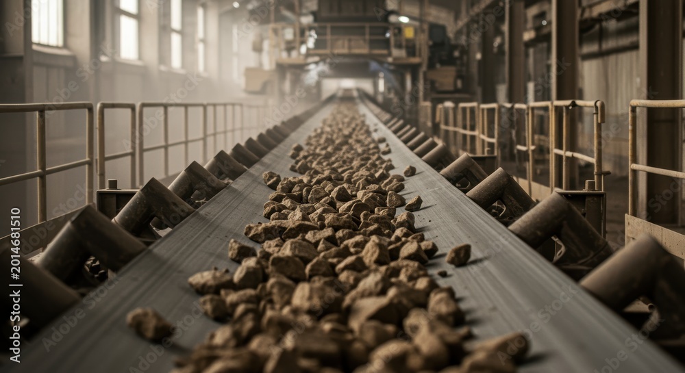 Obraz premium conveyor belt transporting rock aggregate in industrial mining facility interior