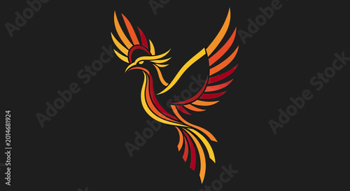 Photos Stylized fiery bird with vibrant wing feathers soars against a dark backdrop