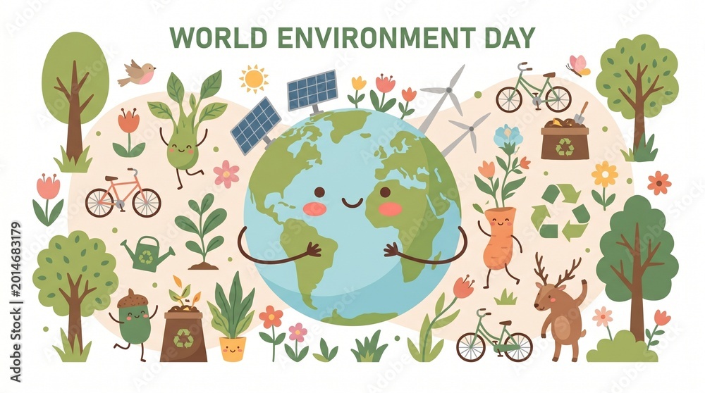 Naklejka premium Cute World Environment Day Earth Cartoon Flat Vector Illustration