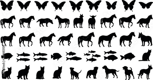 Photos Black silhouette collection of butterflies, horses, goats, fish, cats, and dogs