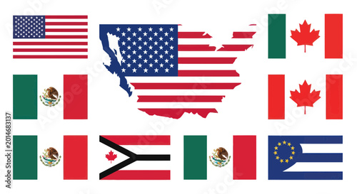 Bild auf Leinwand North American Flags USA, Canada, Mexico Map, International Relationships