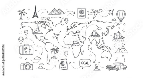 World Map Travel Icons Illustration Design.