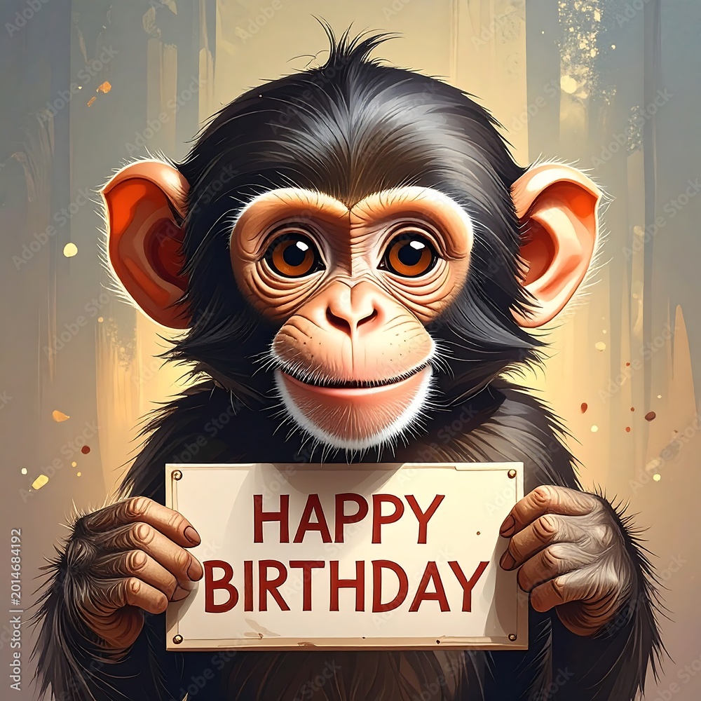 Fototapeta premium A digital illustration of a cheerful chimpanzee holding a birthday sign