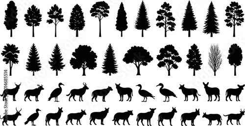 фотографія Black silhouette collection of coniferous and deciduous trees with deer, birds,