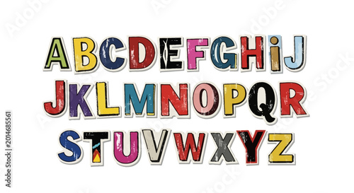 Multicolored collage font displaying anonymous bright uppercase characters handpicked from glossy magazine clippings for a creative ransom note alphabet typography composition.