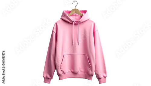 Light pink hoodie hangs on a wooden hanger against a black background