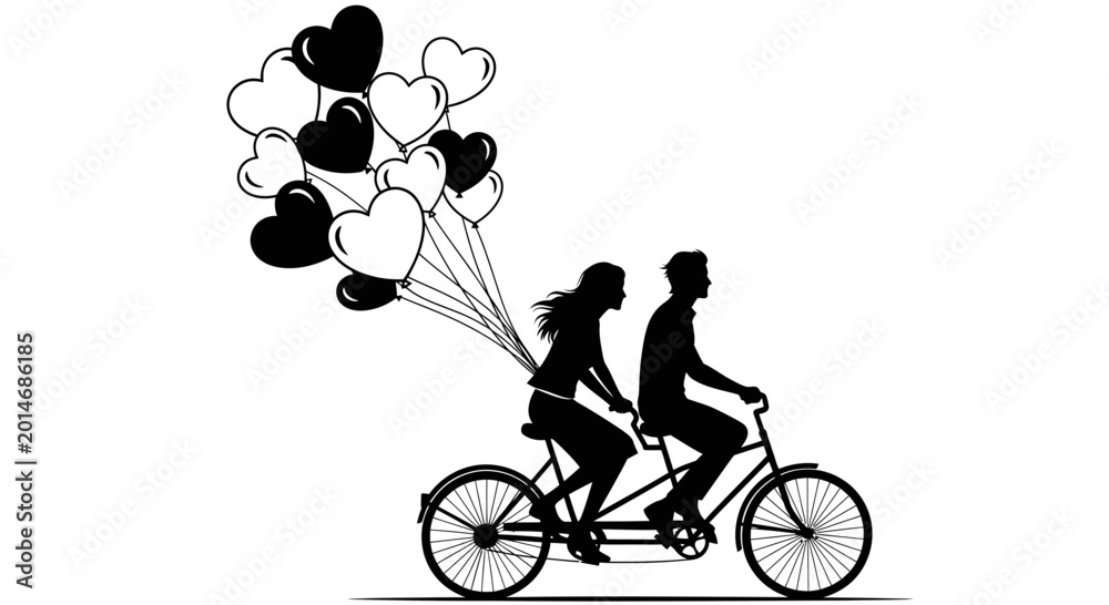 Obraz premium Couple Riding Tandem Bicycle with Heart Balloons Silhouette