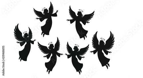 Tablou pe pânză Group of Angel Silhouettes with Wings and Halos