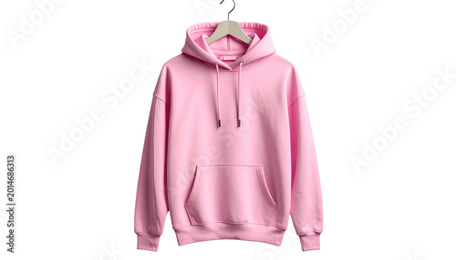 Pink hoodie hangs centered on a wooden hanger against a dark background