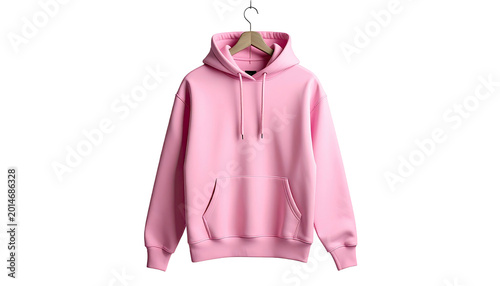 Light pink hoodie hanging neatly on a wooden hanger, against dark