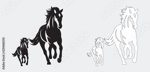 Foto A powerful, high-contrast black and white silhouette of a horse captures the essence of its form, focusing entirely on the outline and posture rather than color or detail