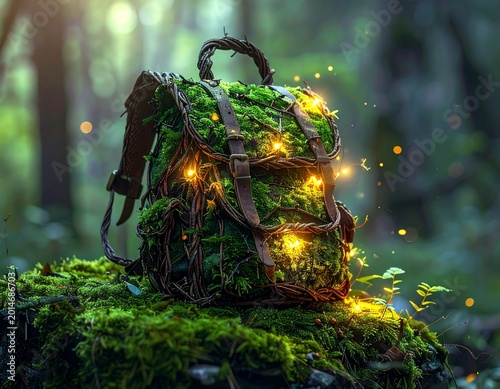 A backpack made of woven moss and twigs, placed on a mossy rock, enchanted forest background with fireflies, back to school fantasy concept, whimsical woodland illustration style, no people, no text

