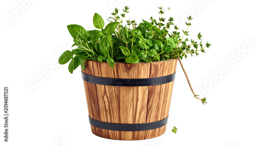 Fresh herbs spilling from a wood bucket; organic, natural, and vibrant