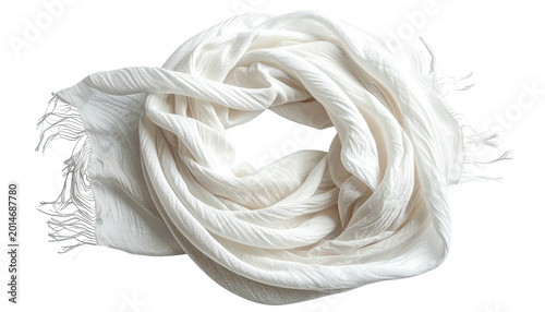 White fabric scarf is draped, soft folds, light, textured, fringed edge