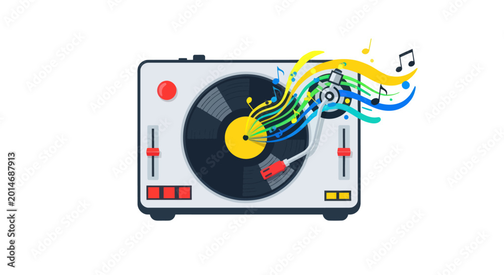 Fototapeta premium Dj Turntable Playing Music with Colorful Sound Waves and Notes