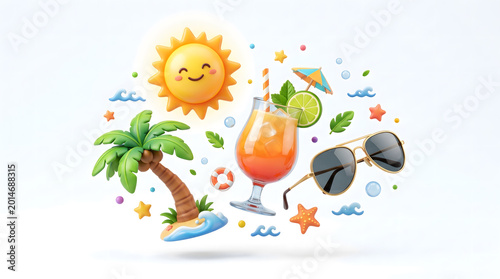 Playful 3D Summer Holiday Icons: Smiling Sun, Palm Tree, Cocktail, Sunglasses. Cheerful Vacation Elements
