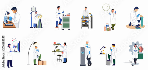 Slika na platnu Flat illustration set of professional jewelers and gemologists working with diamonds and precious stones in a workshop or laboratory setting