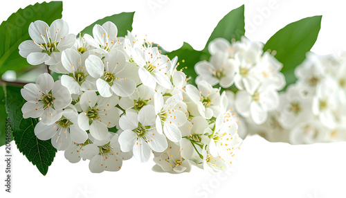 Sprig of small white flowers with green leaves against black backdrop