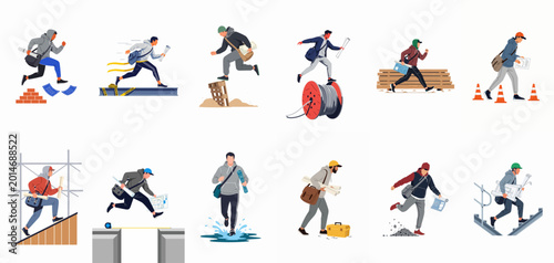 Foto Collection of architects and construction workers navigating various site obstacles with blueprints and tools in a flat vector style