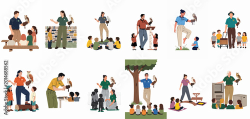 Tableau sur toile Vector illustration set of falconers and bird handlers teaching children about owls and birds of prey in various educational outdoor and indoor settings