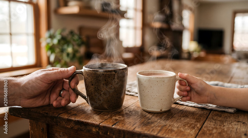 Parent and child hands holding steaming mugs of warm drinks on rustic wooden table in a cozy home setting