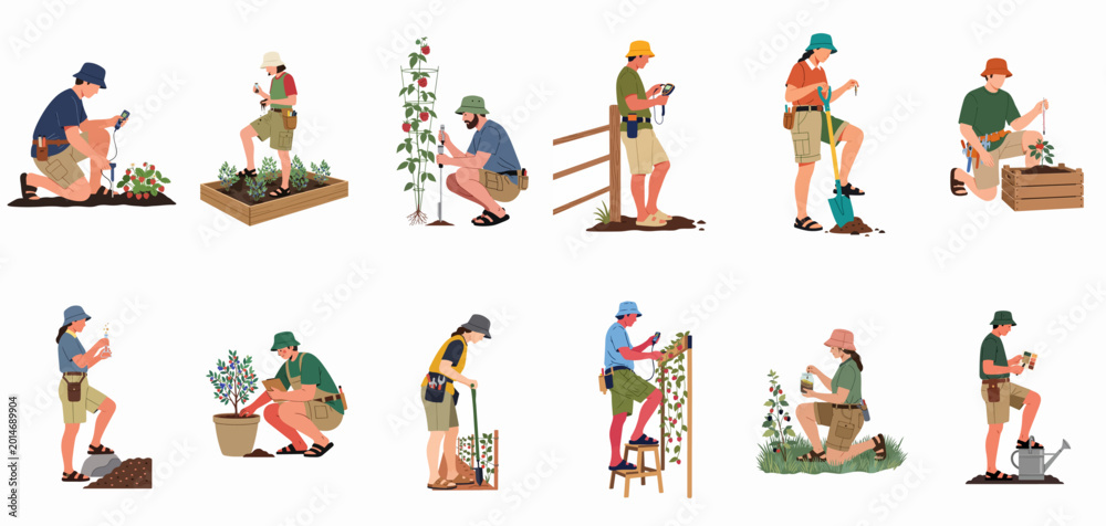 Fototapeta premium Vector illustration of diverse agricultural scientists and agronomists performing soil tests, plant monitoring, and smart farming tasks in a garden setting.