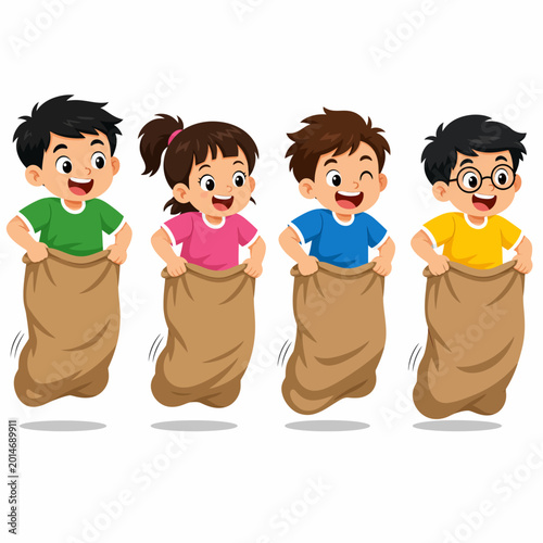 Children in a Sack Race, Outdoor Game Fun, Energetic Kids Competing in a Classic Childhood Activity