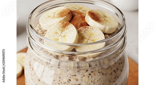 Healthy overnight oats in a glass jar topped with fresh banana slices and cinnamon