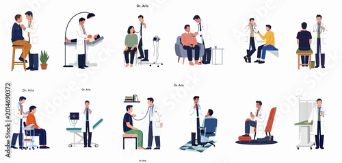 фотографія Set of flat illustrations featuring a male doctor examining male and female patients using a stethoscope in various clinical settings