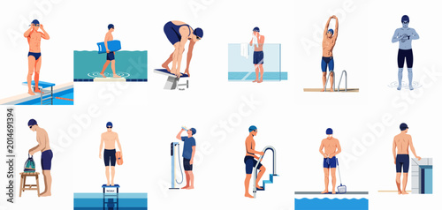 Vector illustration set featuring male swimmers in various activities at the pool, including diving, stretching, drying off, and using swim equipment.
