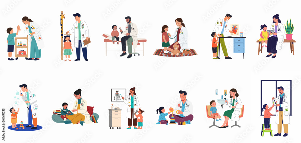 Fototapeta premium Collection of vector illustrations showing male and female pediatric doctors caring for kids during medical exams and play in a clinical setting.