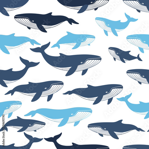 Seamless Blue Whale Pattern Vector Illustration for Marine Background