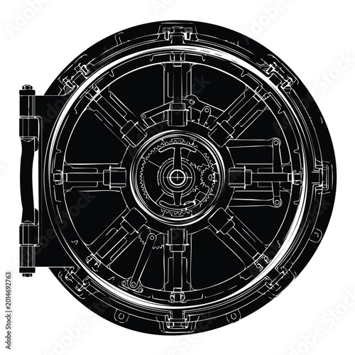 Bank vault door mechanism silhouette with complex locking gear system.