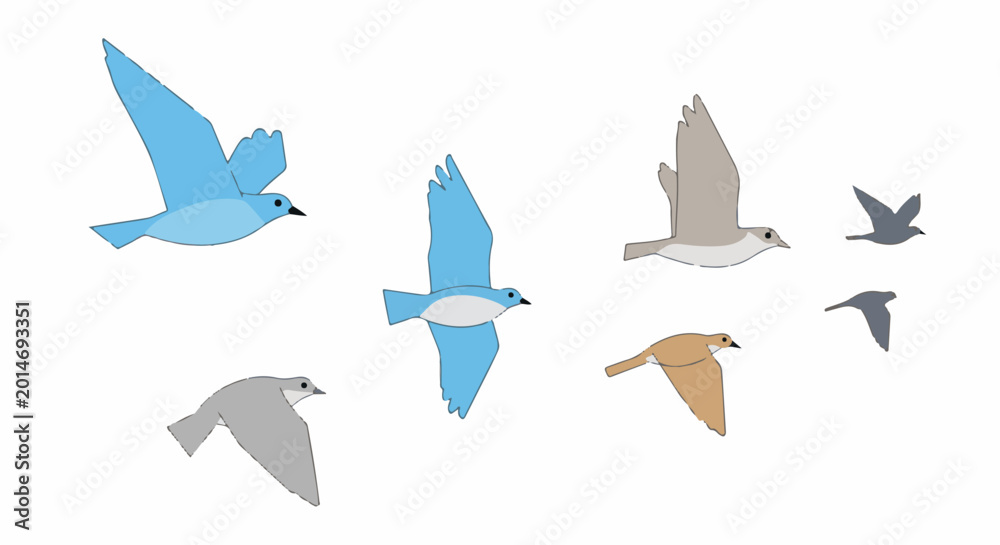 Fototapeta premium A collection of digitally rendered birds in various flight poses, colored in blues, grays, and tan