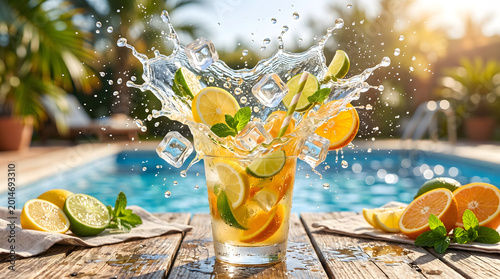 Dynamic Citrus Splash Drink with Ice and Mint by Sunny Poolside