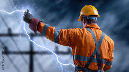 Electrician working with electricity. A skilled electrician in an orange uniform and hard hat working on high voltage electrical equipment, creating electric sparks