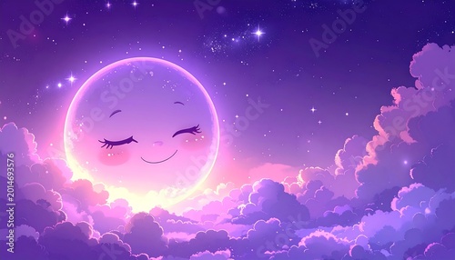A smiling, sleeping moon amidst purple clouds and stars