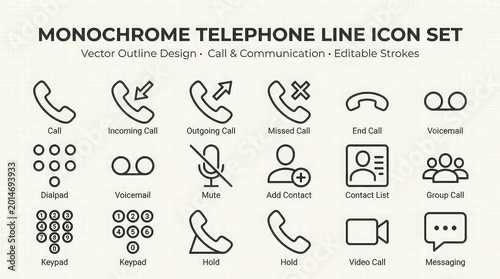 Monochrome telephone line icon set for communication and call symbols in vector outline design