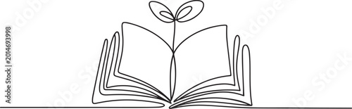 Εκτύπωση καμβά Opened book with sprout plant in one continuous line drawing