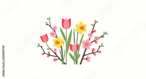 A colorful, stylized arrangement of spring flowers and branches