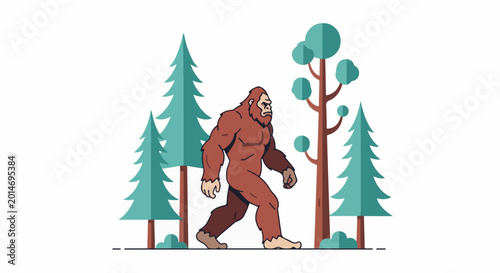 A brown ape-like creature walks through a forest of evergreen trees