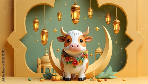  A festive cow greeting card with golden lanterns and mosque silhouette.
