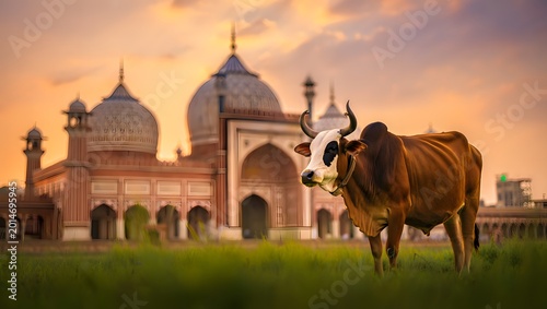  A garlanded cow before a glowing mosque at golden hour.