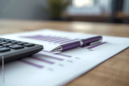 Purple pen resting on a financial report next to a calculator on a wooden desk with calculator business analysis accounting information document measurement calculation planning strategy